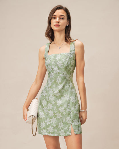Green Square Neck Slit Floral Mini Dress