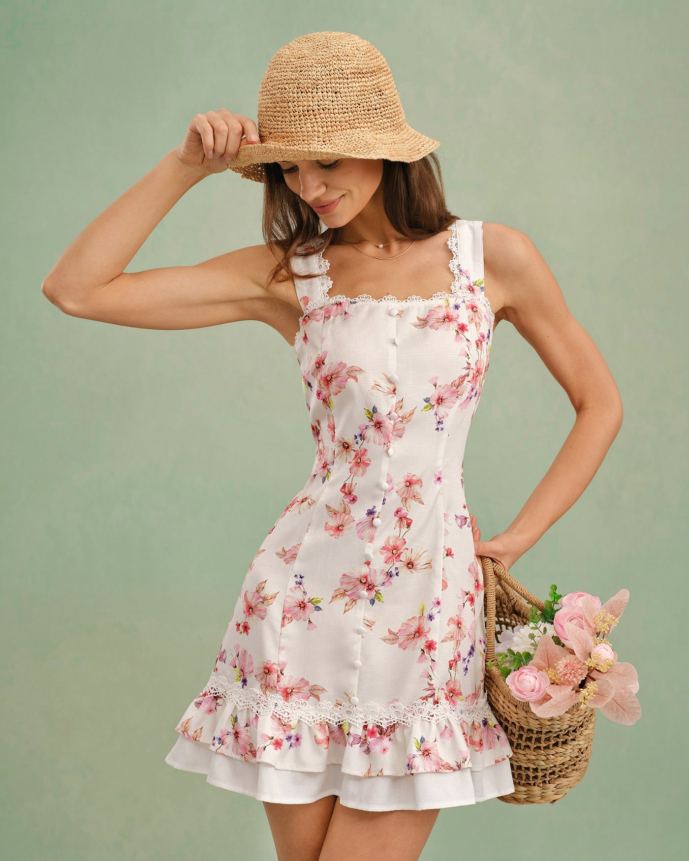 Blumen-Minikleid mit eckigem Ausschnitt und Knöpfen