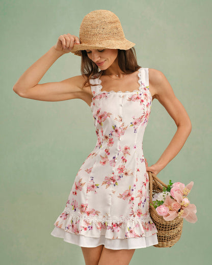 Blumen-Minikleid mit eckigem Ausschnitt und Knöpfen