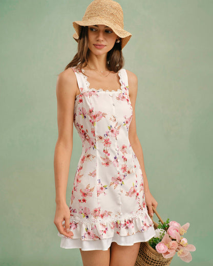 Blumen-Minikleid mit eckigem Ausschnitt und Knöpfen