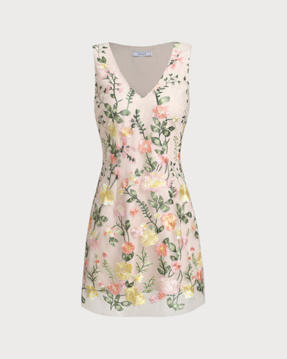 Gelbes ärmelloses Minikleid mit V-Ausschnitt und Blumenmuster