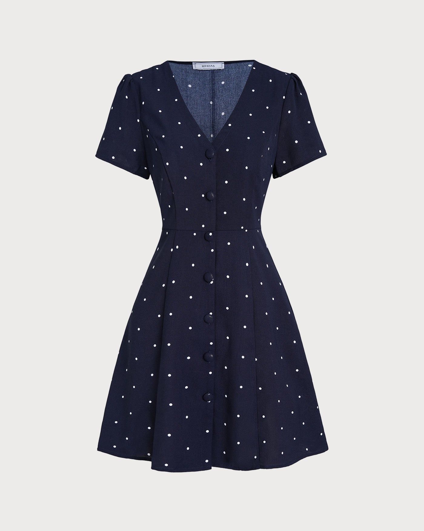 Blaues Mini-Kleid mit V-Ausschnitt, gepunktet und geknöpft