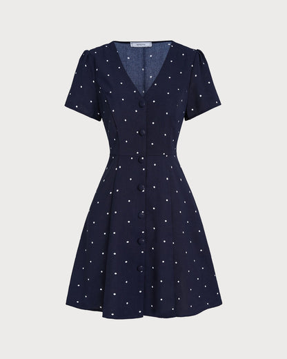 Blaues Mini-Kleid mit V-Ausschnitt, gepunktet und geknöpft