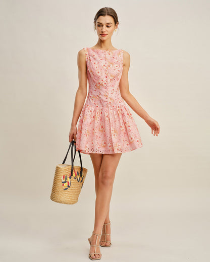 Boat Neck Floral Mini Dress