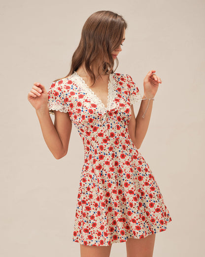 Rotes Mini-Trägerkleid mit Blumenspitze und V-Ausschnitt