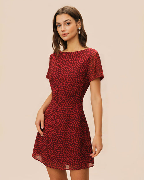 Rotes Neckholder-Minikleid mit Blumenmuster