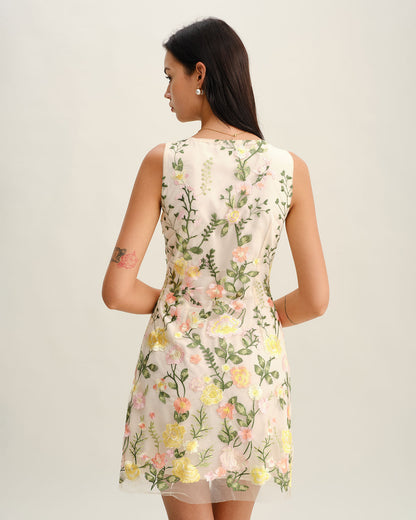 Gelbes ärmelloses Minikleid mit V-Ausschnitt und Blumenmuster