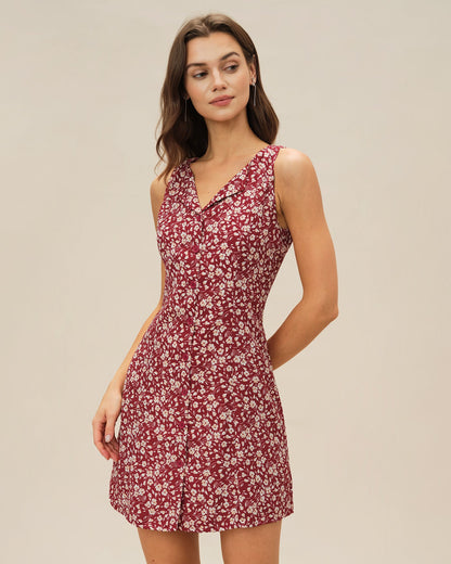 Rotes, geblümtes Mini-Kleid mit V-Ausschnitt