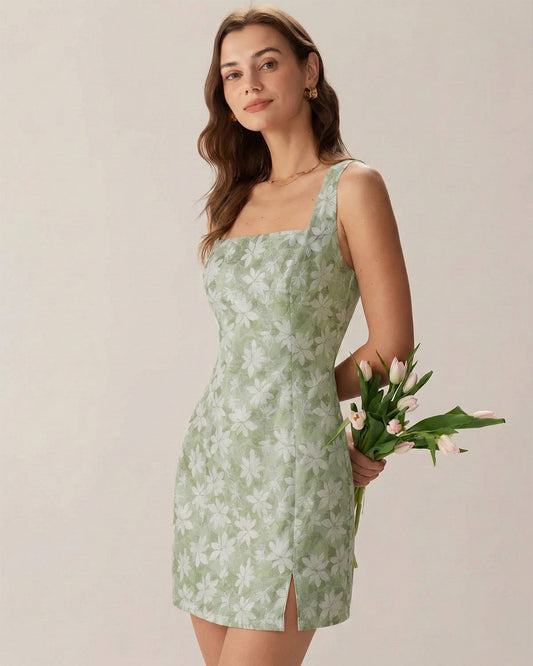 Grünes Minikleid mit eckigem Ausschnitt, Schlitz und Blumenmuster