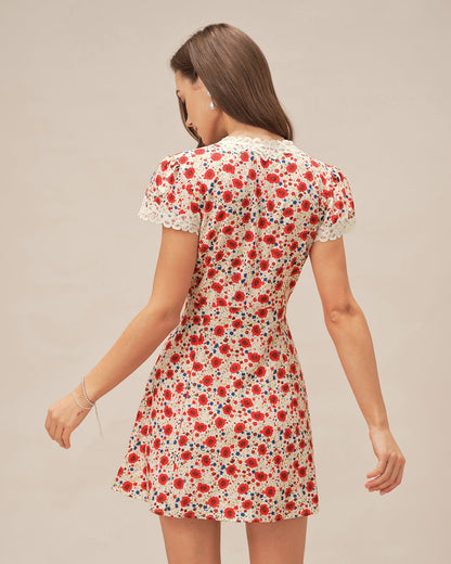 Rotes Mini-Trägerkleid mit Blumenspitze und V-Ausschnitt