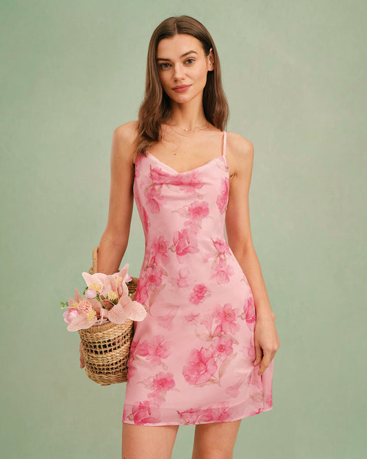 Mini abito sottoveste floreale rosa con collo ad anello