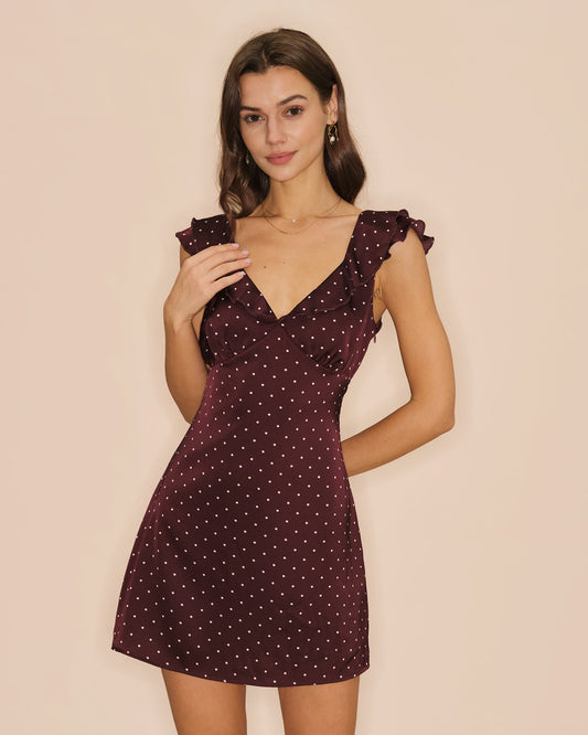 Abito mini in raso viola con scollo a V a pois