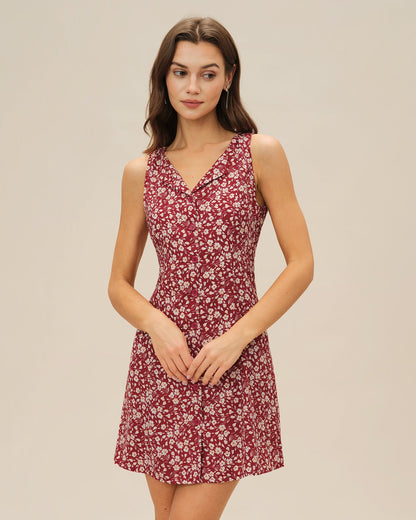 Rotes, geblümtes Mini-Kleid mit V-Ausschnitt