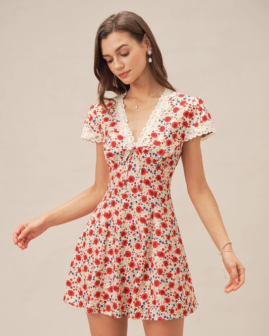 Rotes Mini-Trägerkleid mit Blumenspitze und V-Ausschnitt