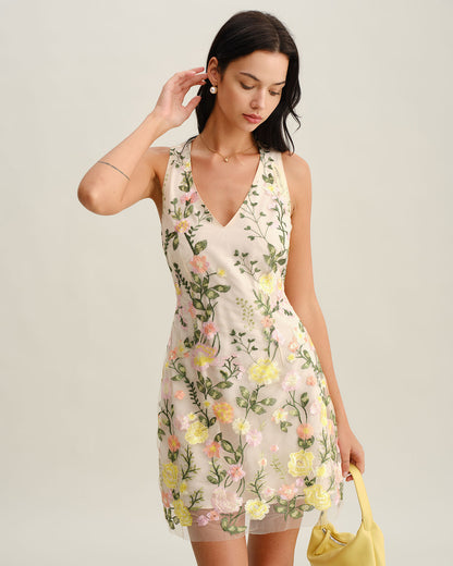 Gelbes ärmelloses Minikleid mit V-Ausschnitt und Blumenmuster