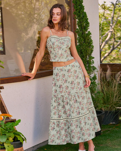 Green Floral A-Line Midi Skirt