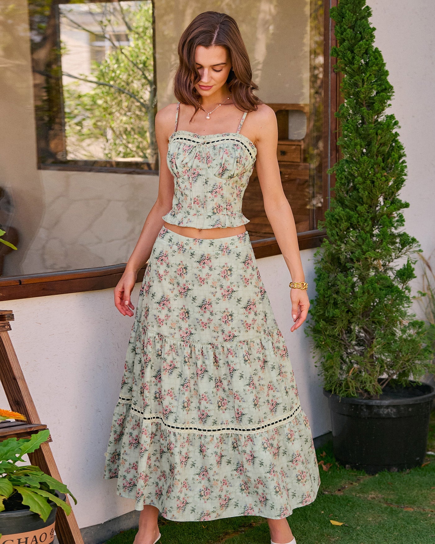 Green Floral A-Line Midi Skirt