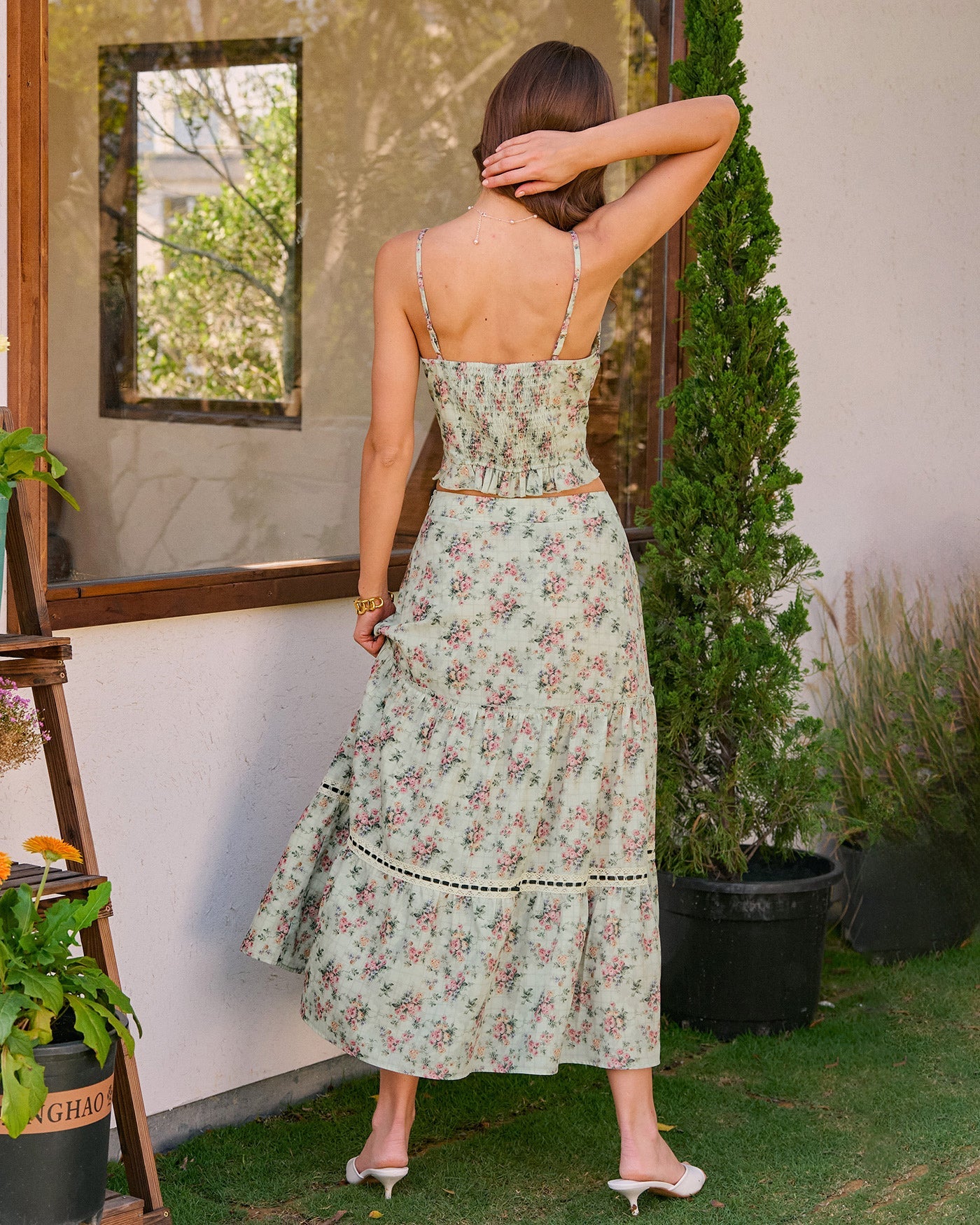 Green Floral A-Line Midi Skirt