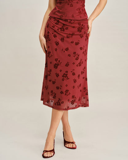 Roter Meerjungfrau-Midirock mit Blumenmuster