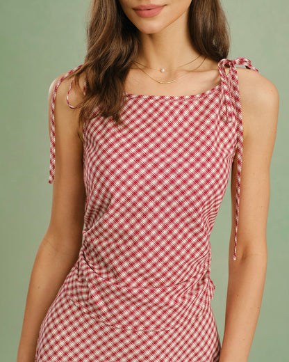 Red Boat Neck Plaid Tank Top