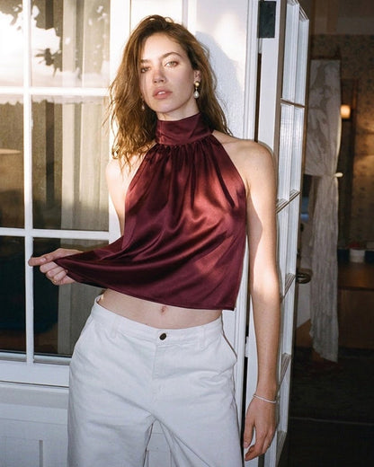 Weinrotes Schildkröten-Schleife-Satin-Tanktop