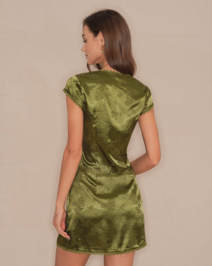 Grünes V-Ausschnitt-Satin-T-Shirt mit Blumenmuster