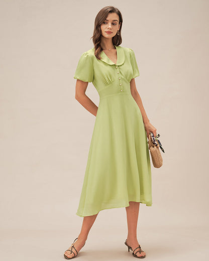 Grünes Midi-Kleid mit Hemdkragen