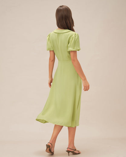 Grünes Midi-Kleid mit Hemdkragen