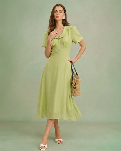 Grünes Midi-Kleid mit Hemdkragen