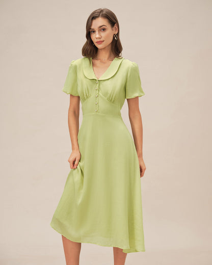 Grünes Midi-Kleid mit Hemdkragen