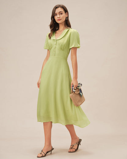 Grünes Midi-Kleid mit Hemdkragen