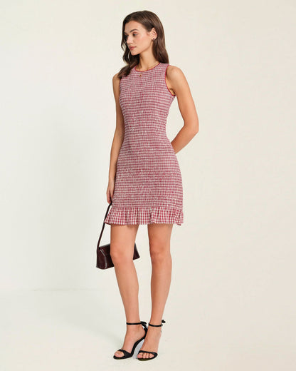 Rotes kariertes Mini-Rüschenkleid