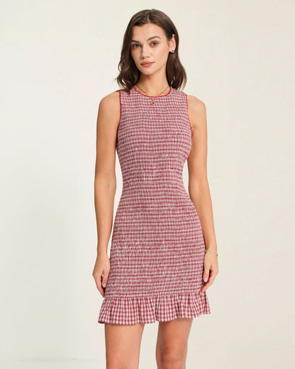 Rotes kariertes Mini-Rüschenkleid