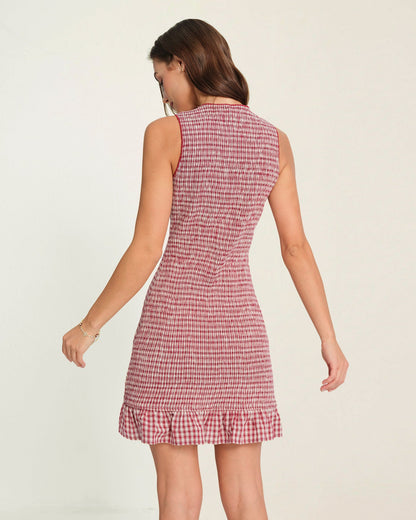 Rotes kariertes Mini-Rüschenkleid